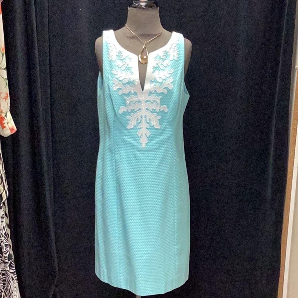 Lilly Pulitzer Aqua Sleeveless Embroidered Midi Shift Dress